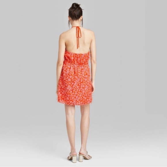 Orange Floral Feather Halter Side Slit Dress - Picture 2 of 6
